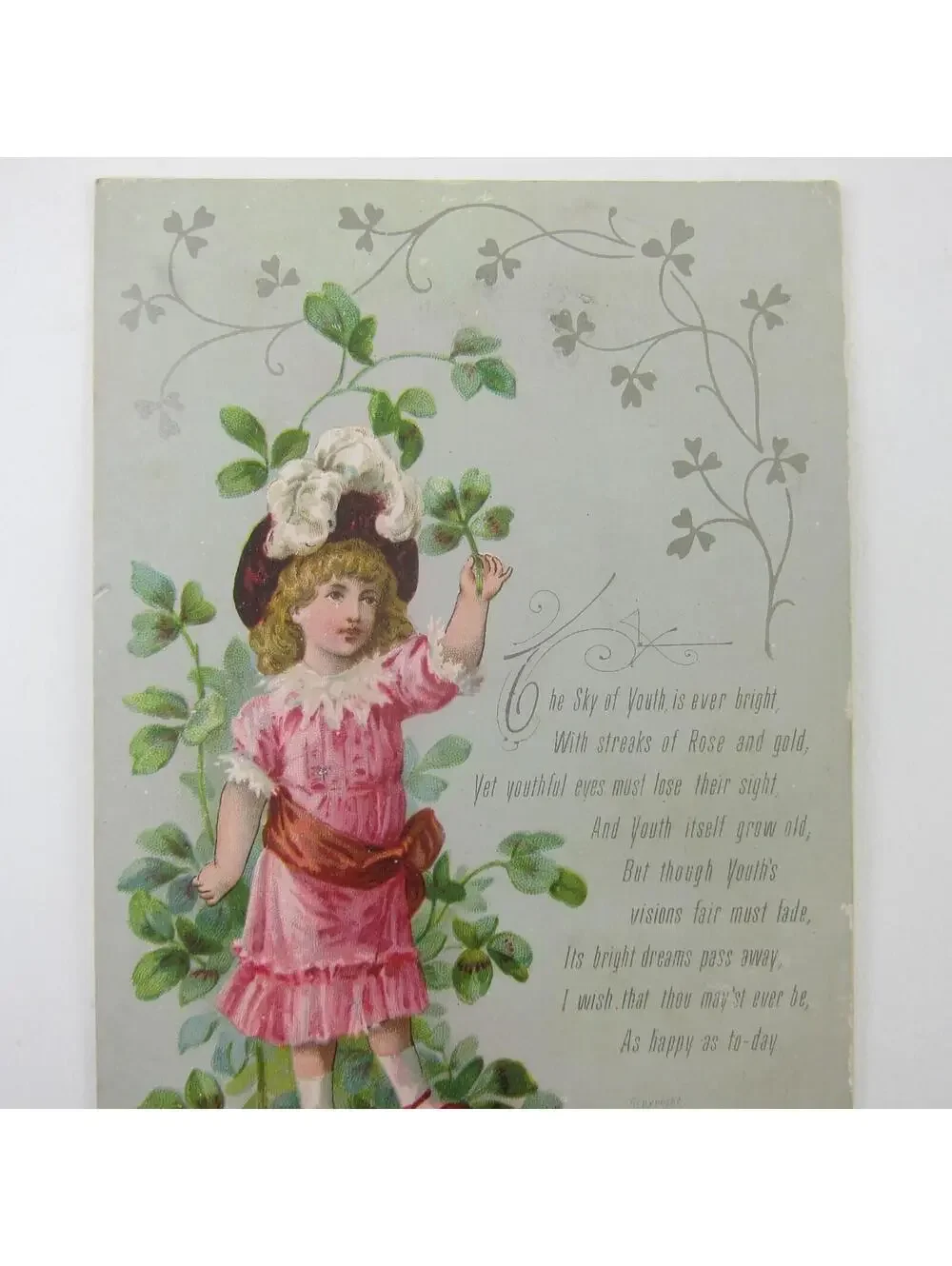 Victorian Greeting Card Four Leaf Clover Girl Pink Dress Feather Hat Antique
